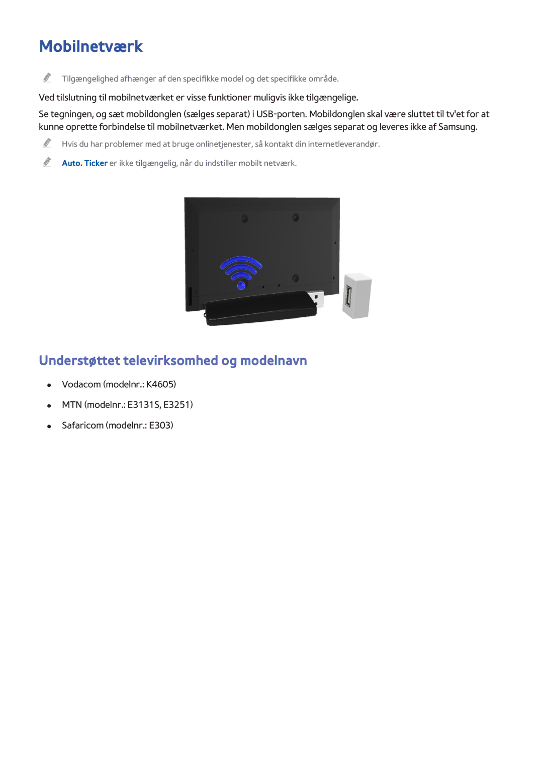 Samsung UE65H8005SQXXE, UE48H8005SQXXE, UE55H8005SQXXE manual Mobilnetværk, Understøttet televirksomhed og modelnavn 