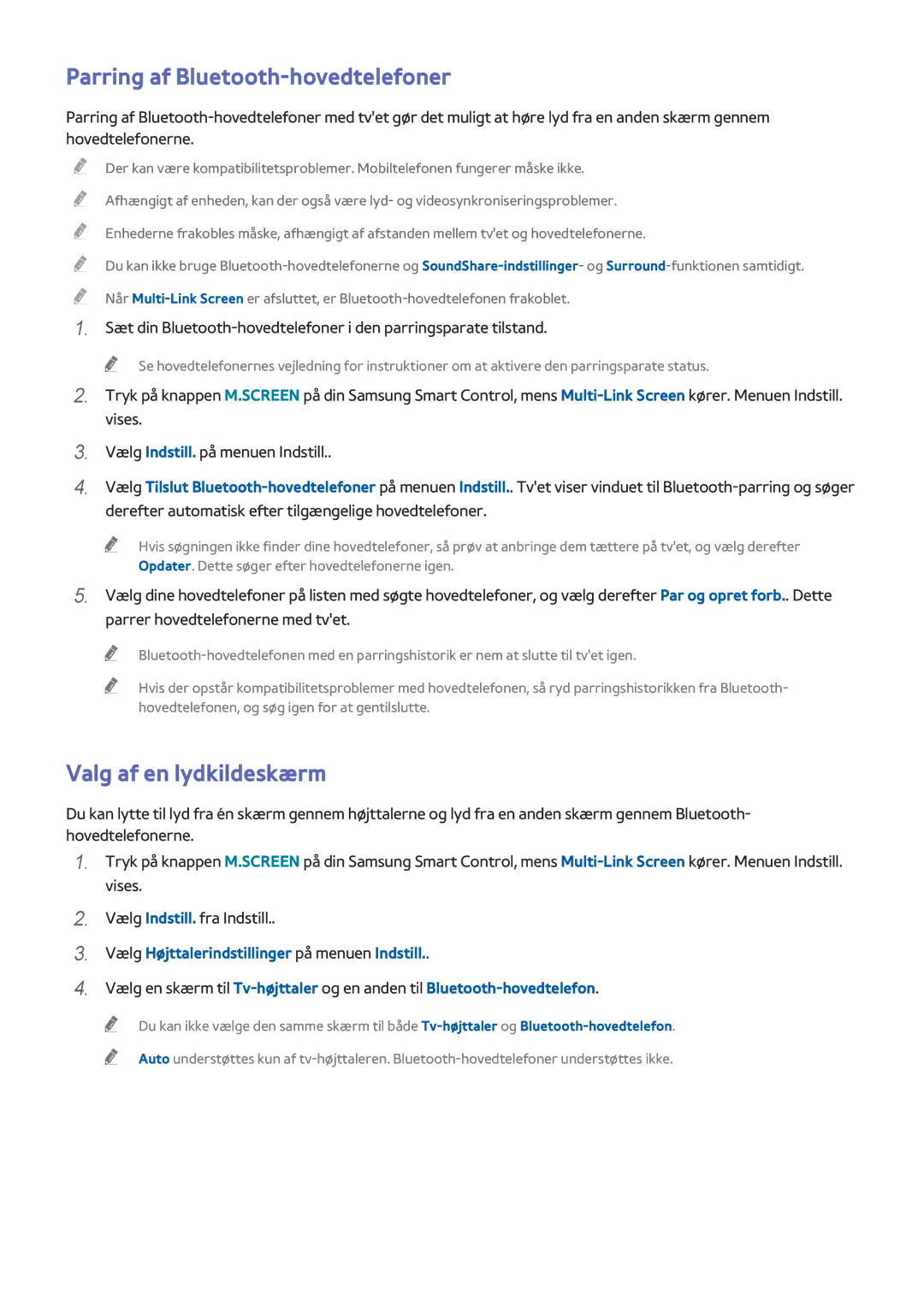 Samsung UE65H8005SQXXE, UE48H8005SQXXE, UE55H8005SQXXE manual Parring af Bluetooth-hovedtelefoner, Valg af en lydkildeskærm 