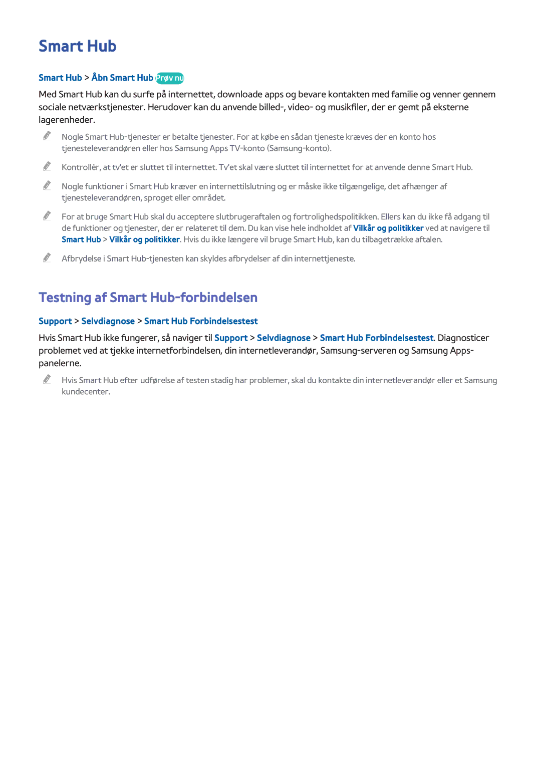 Samsung UE48H8005SQXXE, UE65H8005SQXXE manual Testning af Smart Hub-forbindelsen, Smart Hub Åbn Smart Hub Prøv nu 