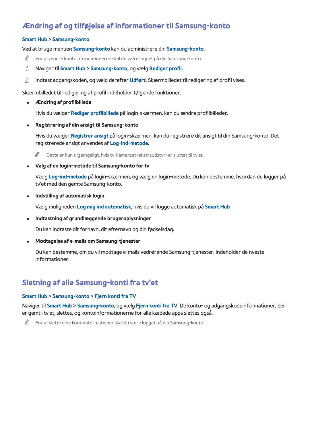 Samsung UE55H8005SQXXE manual Ændring af og tilføjelse af informationer til Samsung-konto, Smart Hub Samsung-konto 