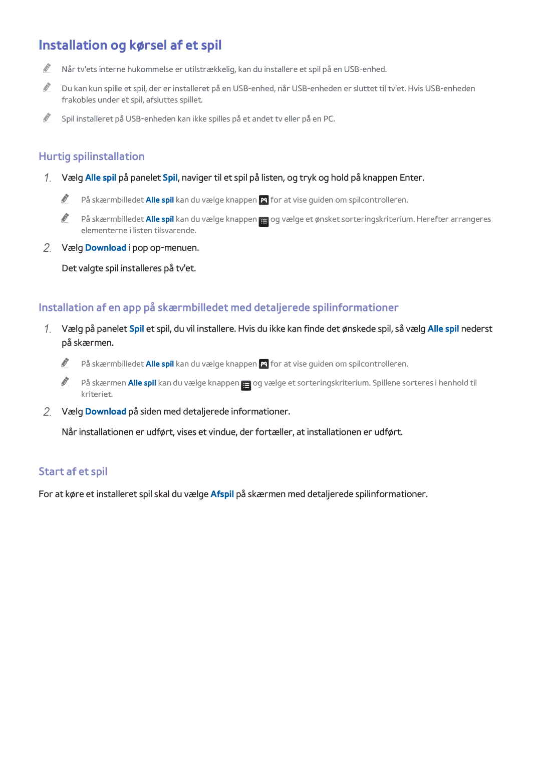 Samsung UE48H8005SQXXE, UE65H8005SQXXE manual Installation og kørsel af et spil, Hurtig spilinstallation, Start af et spil 