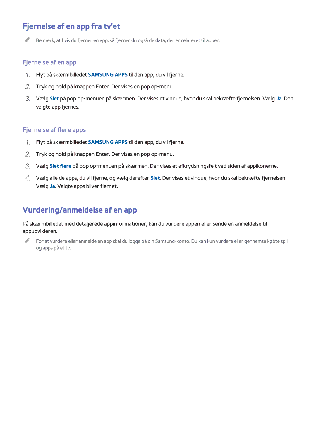 Samsung UE48H8005SQXXE manual Fjernelse af en app fra tvet, Vurdering/anmeldelse af en app, Fjernelse af flere apps 