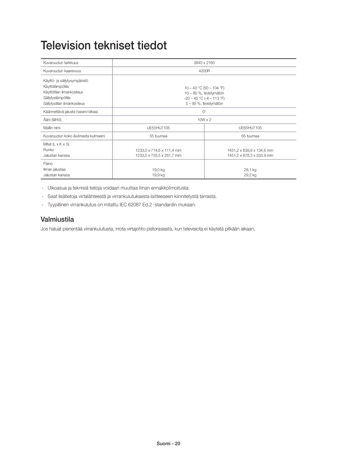 Samsung UE65HU7105UXXE, UE55HU7105UXXE manual Television tekniset tiedot, Valmiustila 