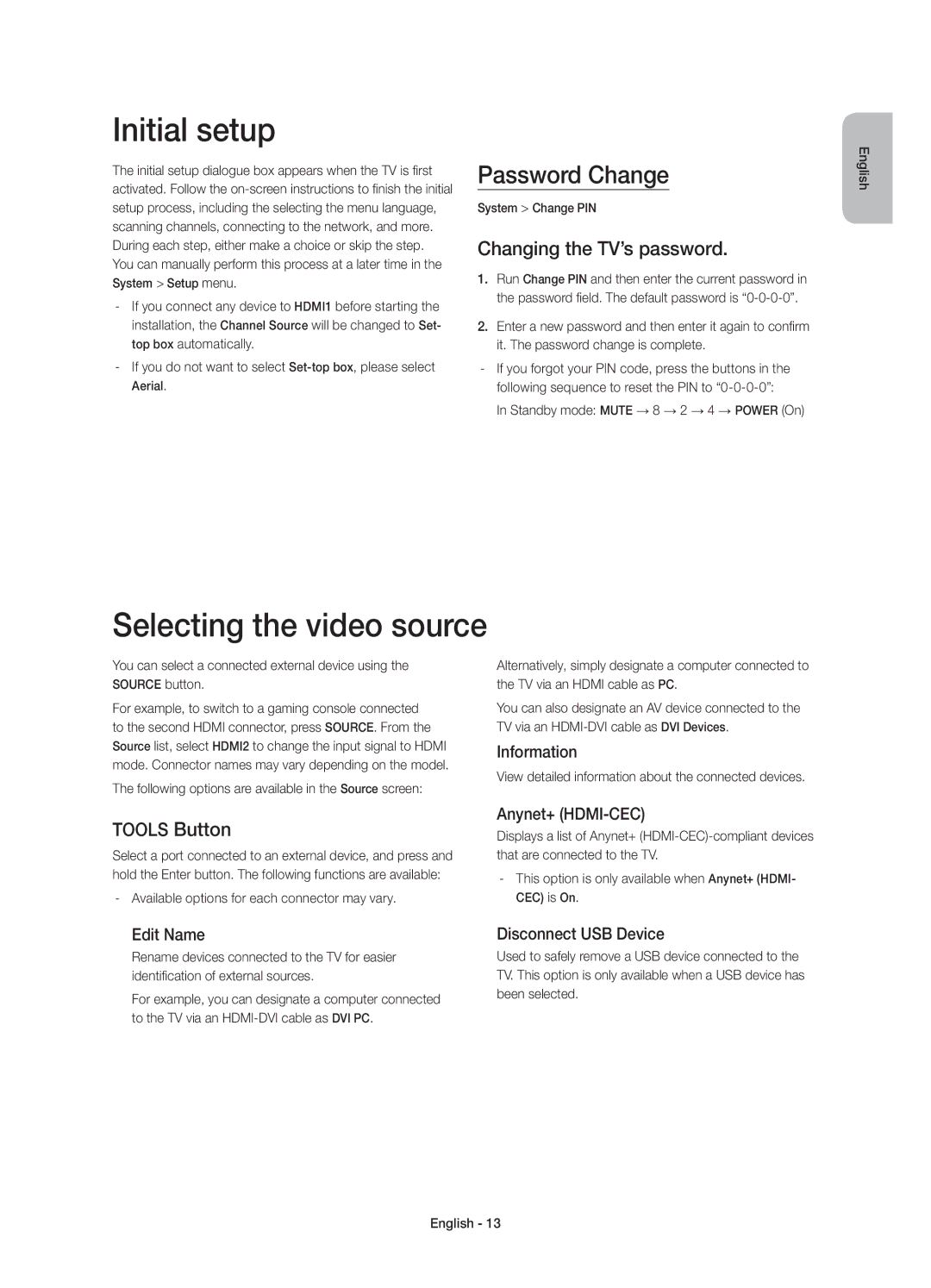 Samsung UE55HU7105UXXE manual Initial setup, Selecting the video source, Password Change, Changing the TV’s password 