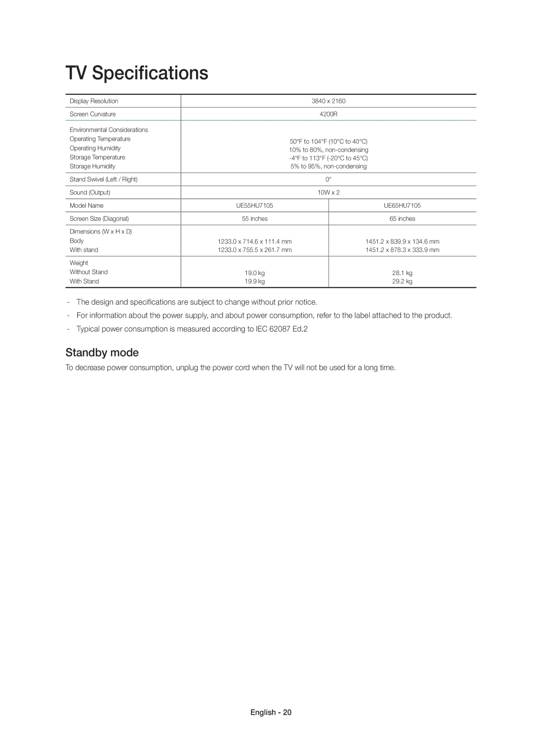 Samsung UE65HU7105UXXE, UE55HU7105UXXE manual TV Specifications, Standby mode 