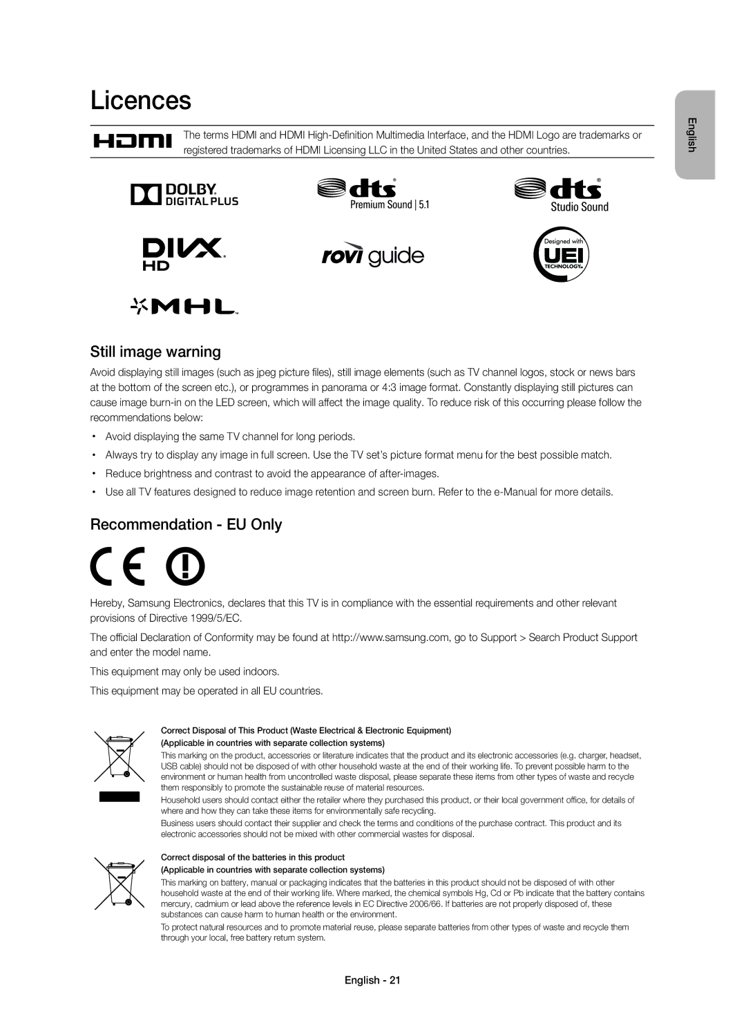 Samsung UE55HU7105UXXE, UE65HU7105UXXE manual Licences, Still image warning, Recommendation EU Only 