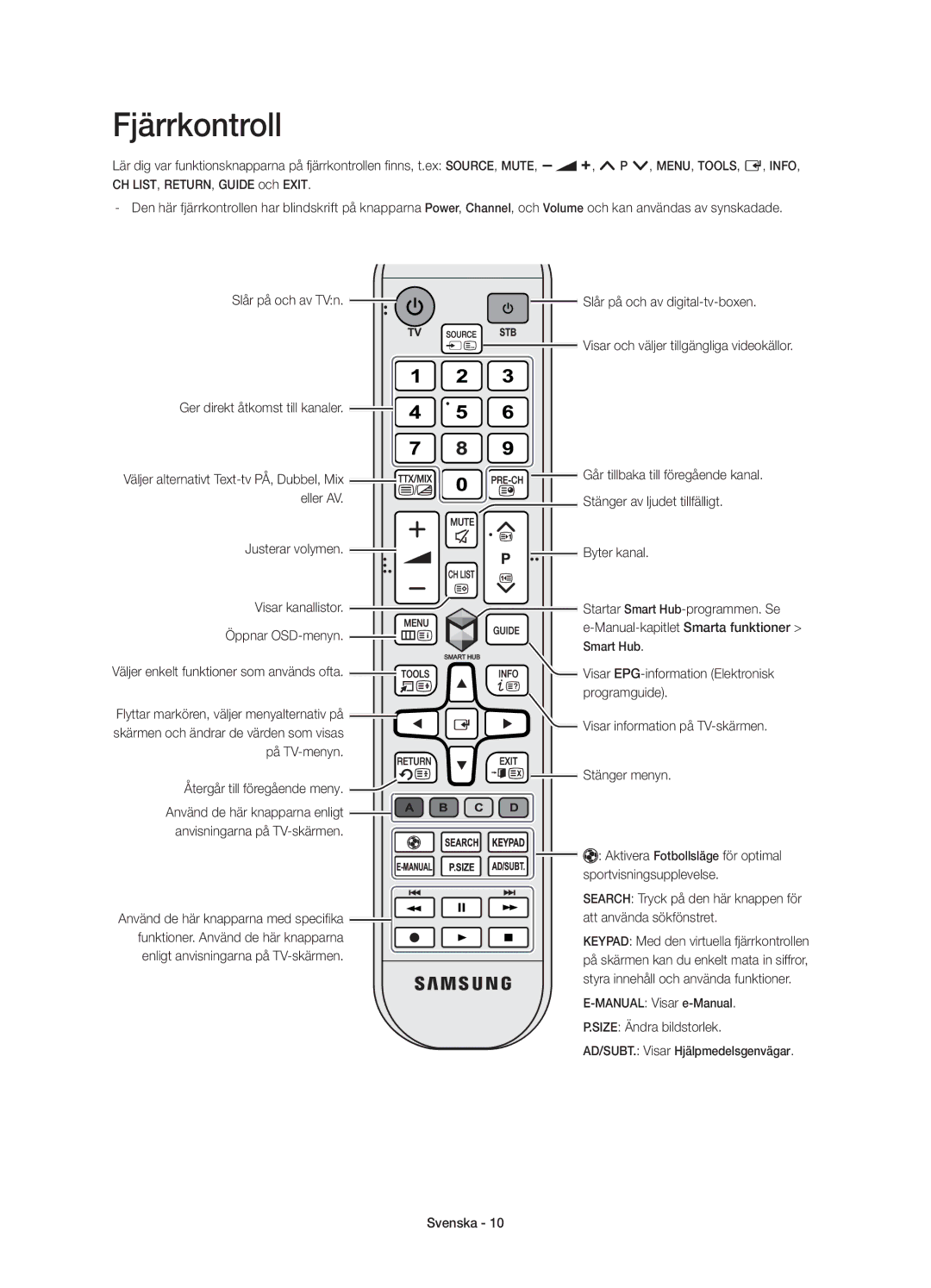 Samsung UE65HU7105UXXE manual Slår på och av TVn Slår på och av digital-tv-boxen, Justerar volymen, Size Ändra bildstorlek 