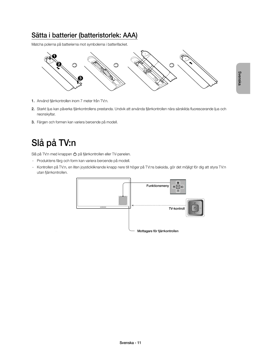 Samsung UE55HU7105UXXE, UE65HU7105UXXE manual Slå på TVn, Sätta i batterier batteristorlek AAA 