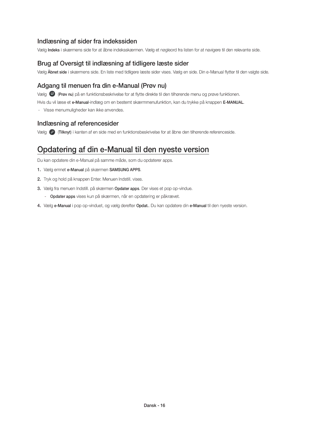 Samsung UE65HU7105UXXE manual Opdatering af din e-Manual til den nyeste version, Indlæsning af sider fra indekssiden 