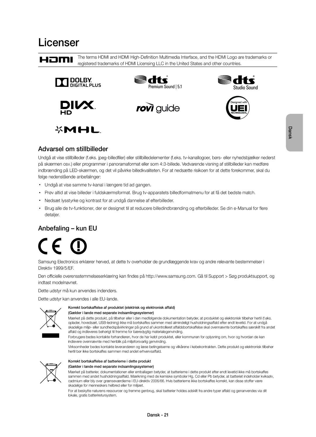 Samsung UE55HU7105UXXE, UE65HU7105UXXE manual Licenser, Anbefaling kun EU 