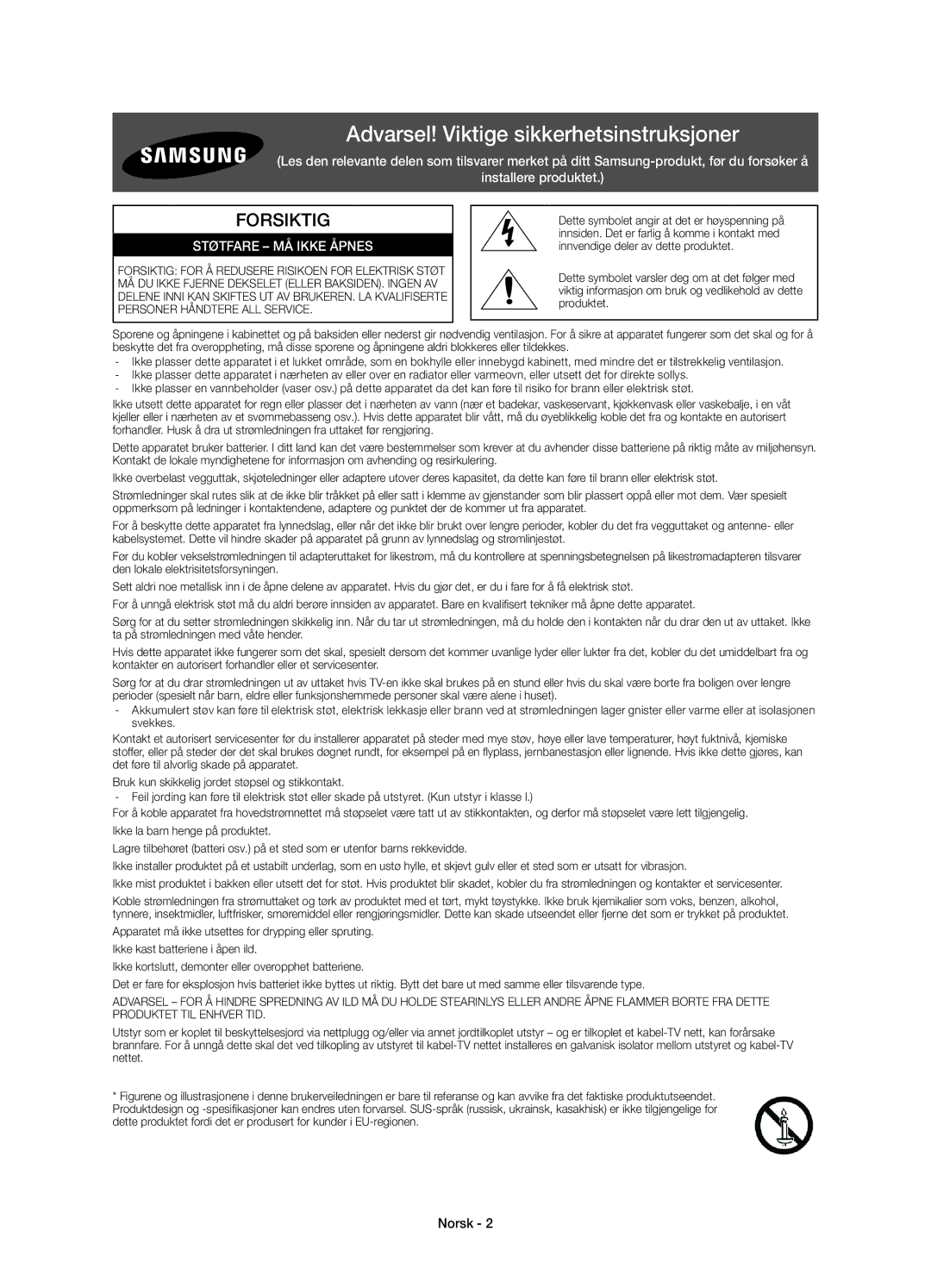 Samsung UE65HU7105UXXE, UE55HU7105UXXE manual Forsiktig, Norsk 