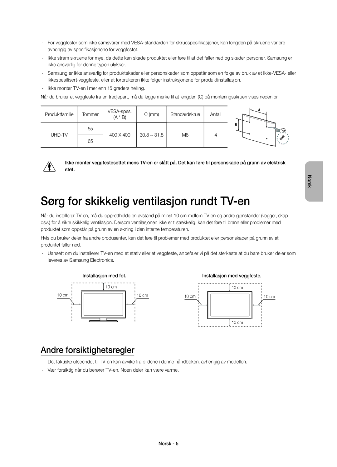 Samsung UE55HU7105UXXE, UE65HU7105UXXE manual Sørg for skikkelig ventilasjon rundt TV-en, Andre forsiktighetsregler 