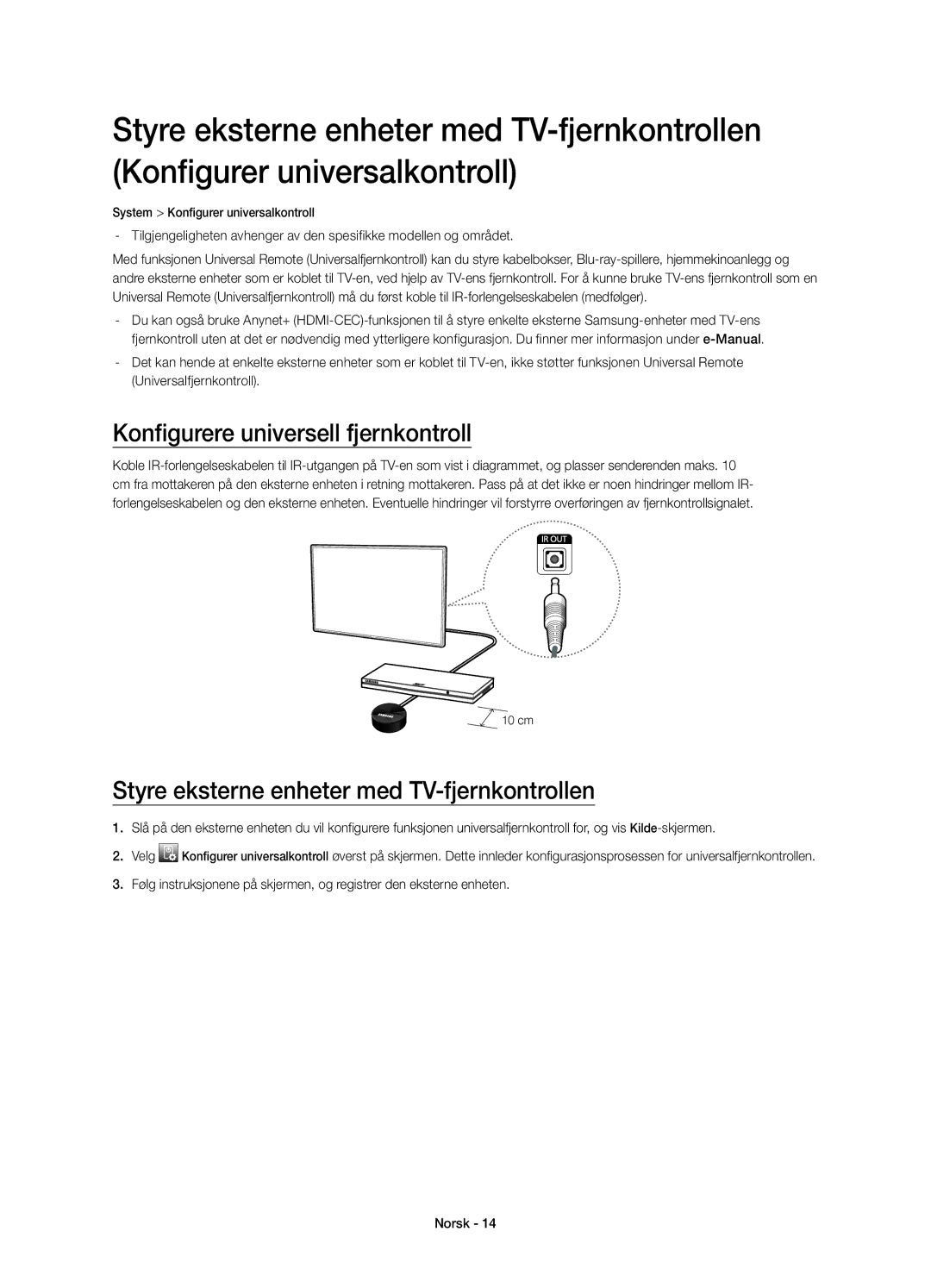 Samsung UE65HU7105UXXE, UE55HU7105UXXE Konfigurere universell fjernkontroll, Styre eksterne enheter med TV-fjernkontrollen 