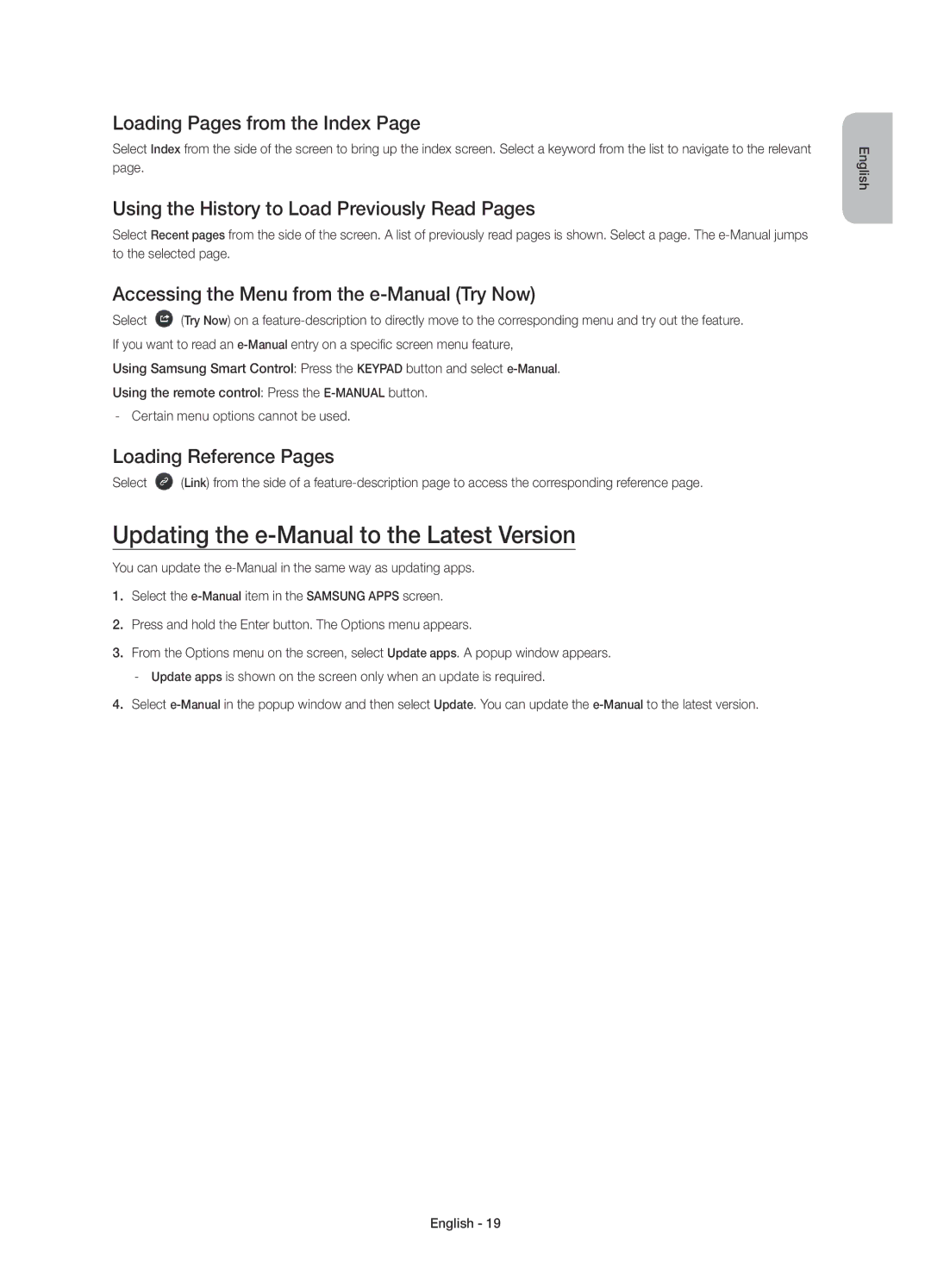 Samsung UE55HU7200SXZF Updating the e-Manual to the Latest Version, Loading Pages from the Index, Loading Reference Pages 