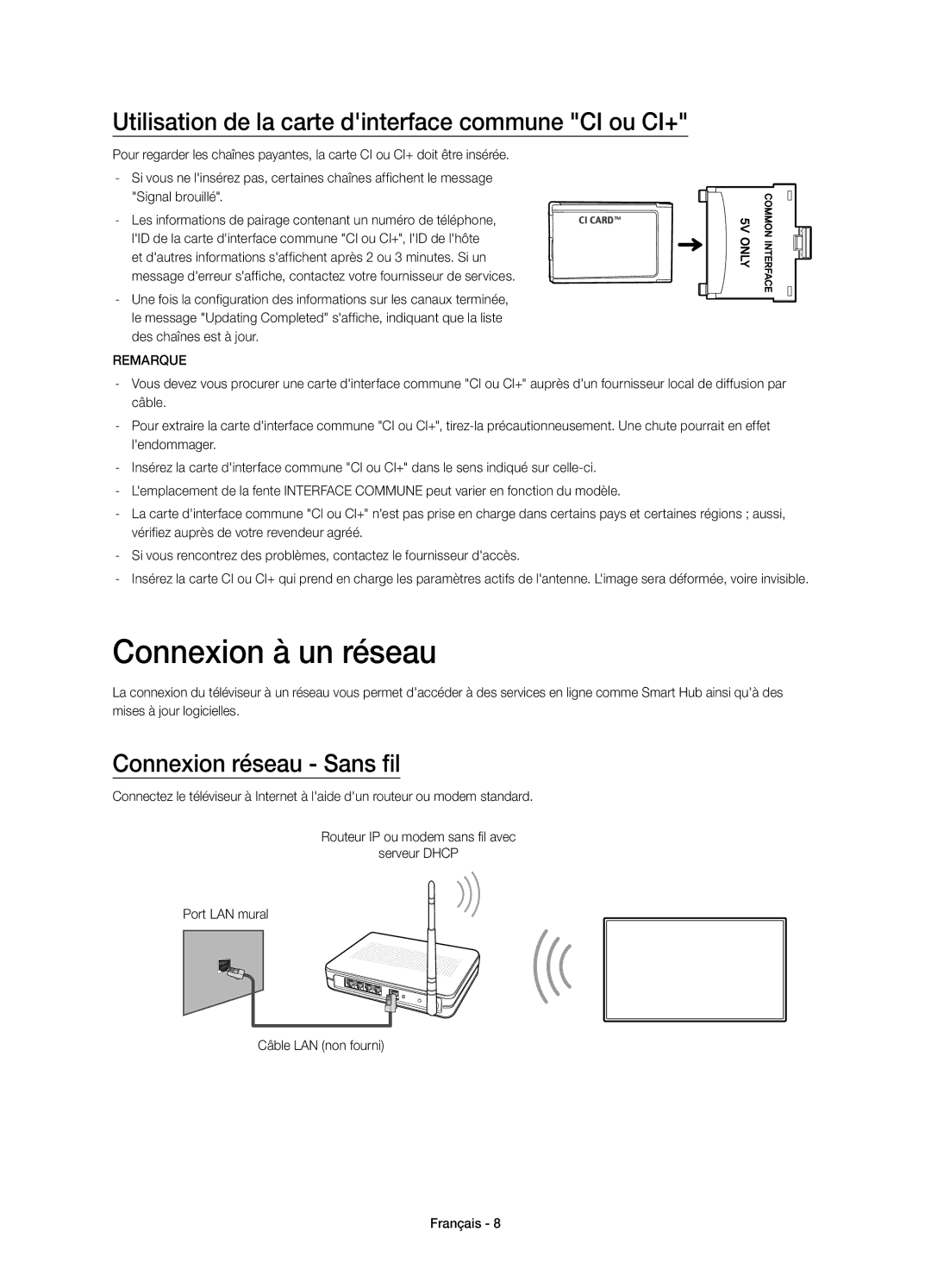 Samsung UE65HU7200SXZF, UE55HU7200SXZF manual Connexion à un réseau, Utilisation de la carte dinterface commune CI ou CI+ 