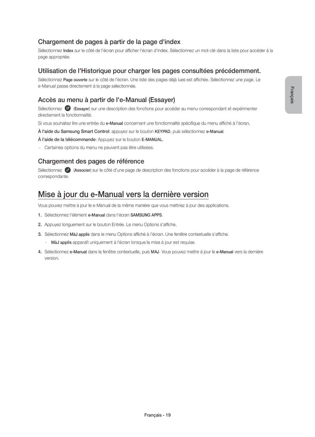 Samsung UE55HU7200SXZF Mise à jour du e-Manual vers la dernière version, Chargement de pages à partir de la page dindex 