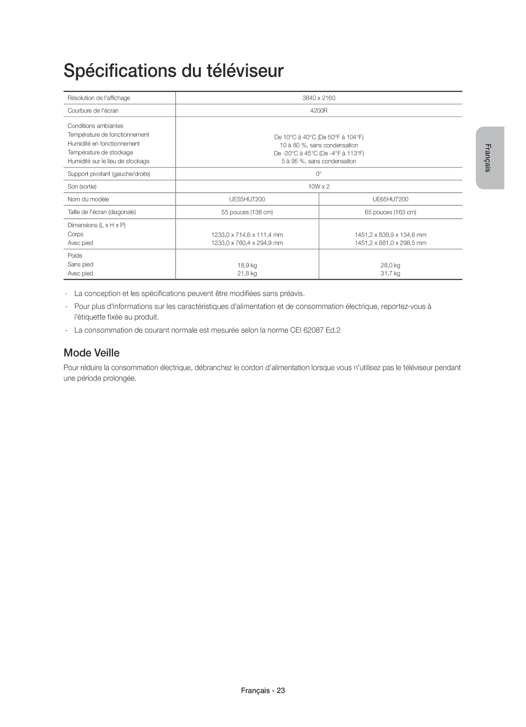 Samsung UE55HU7200SXZF, UE65HU7200SXZF manual Spécifications du téléviseur, Mode Veille 