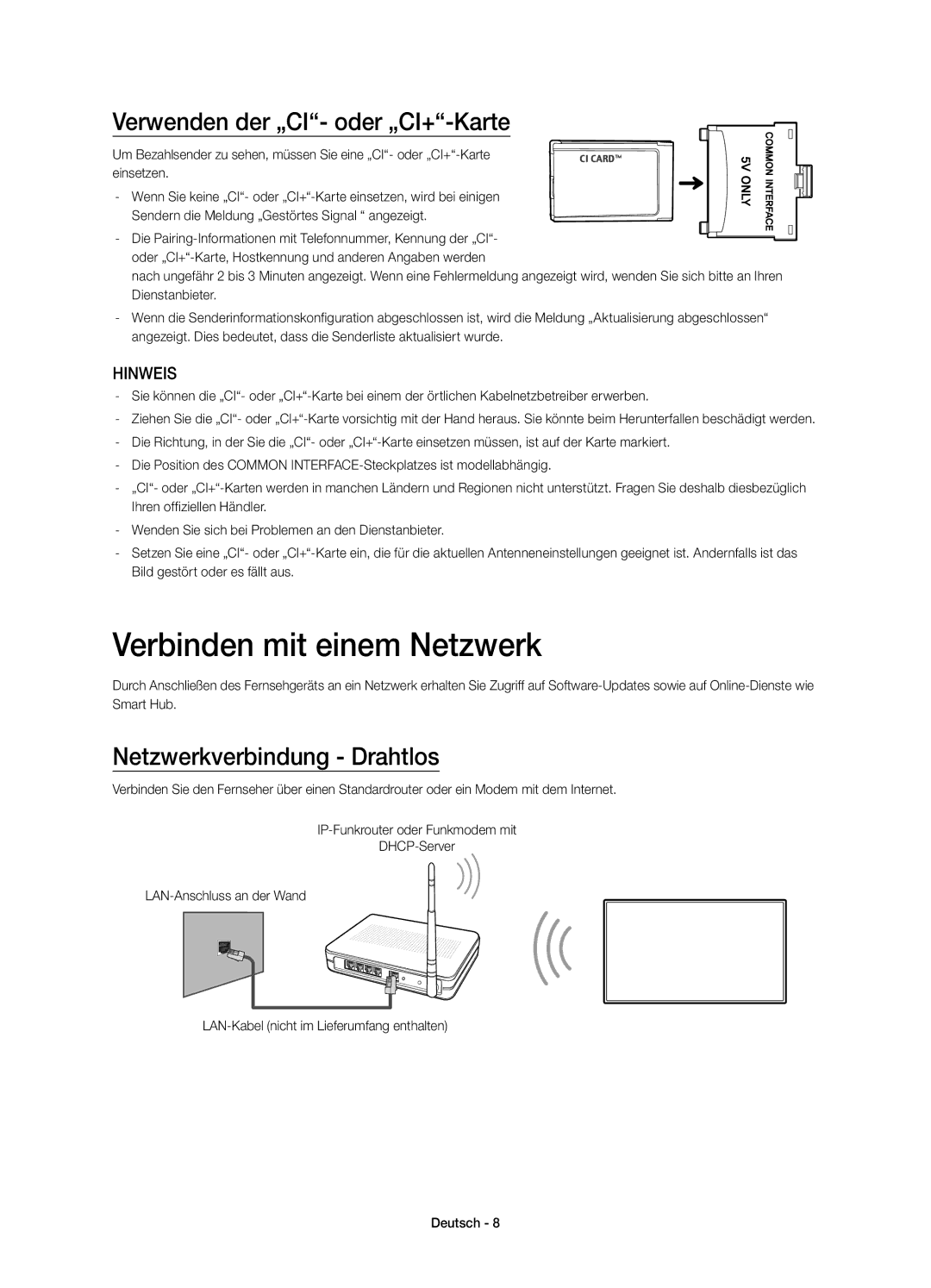 Samsung UE65HU7200SXZF manual Verbinden mit einem Netzwerk, Verwenden der „CI- oder „CI+-Karte, Netzwerkverbindung Drahtlos 