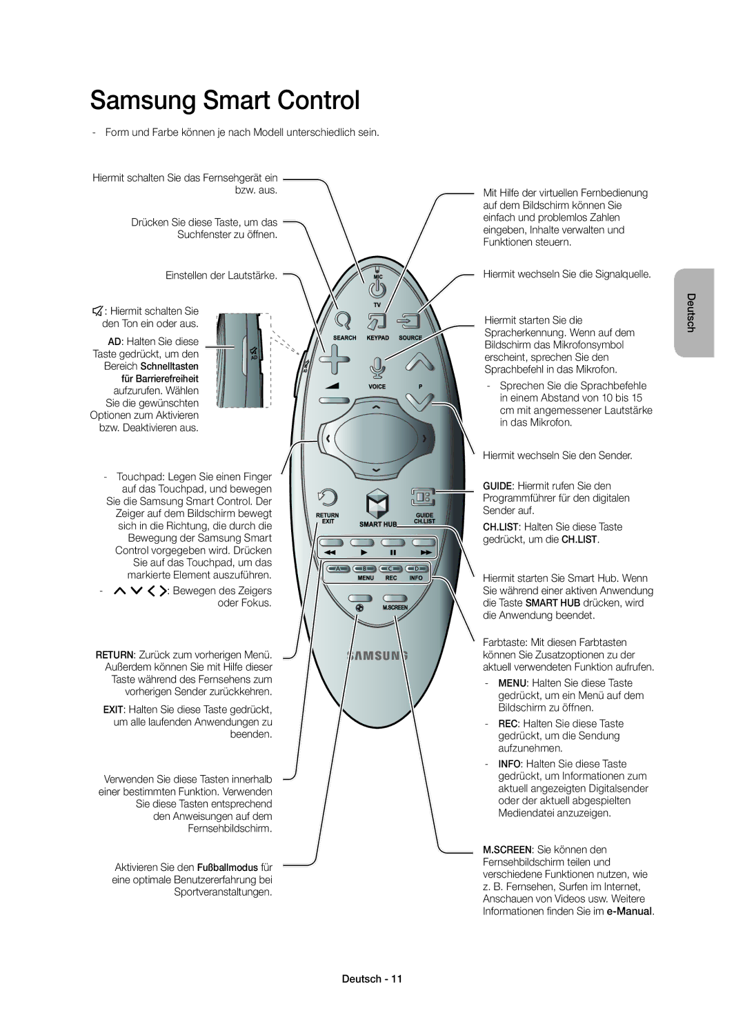 Samsung UE55HU7200SXZF manual Form und Farbe können je nach Modell unterschiedlich sein, ¡ £ Bewegen des Zeigers oder Fokus 