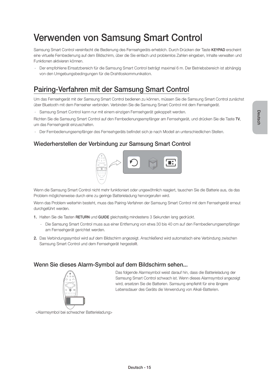 Samsung UE55HU7200SXZF manual Verwenden von Samsung Smart Control, Pairing-Verfahren mit der Samsung Smart Control 