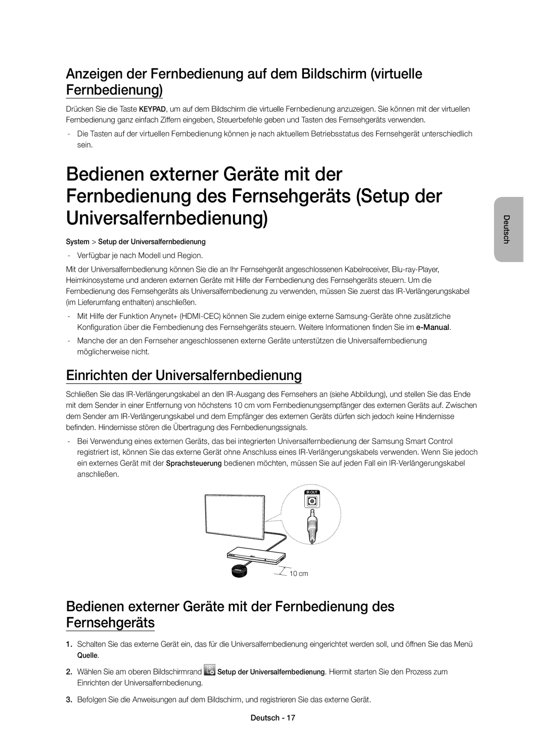 Samsung UE55HU7200SXZF, UE65HU7200SXZF manual Einrichten der Universalfernbedienung 