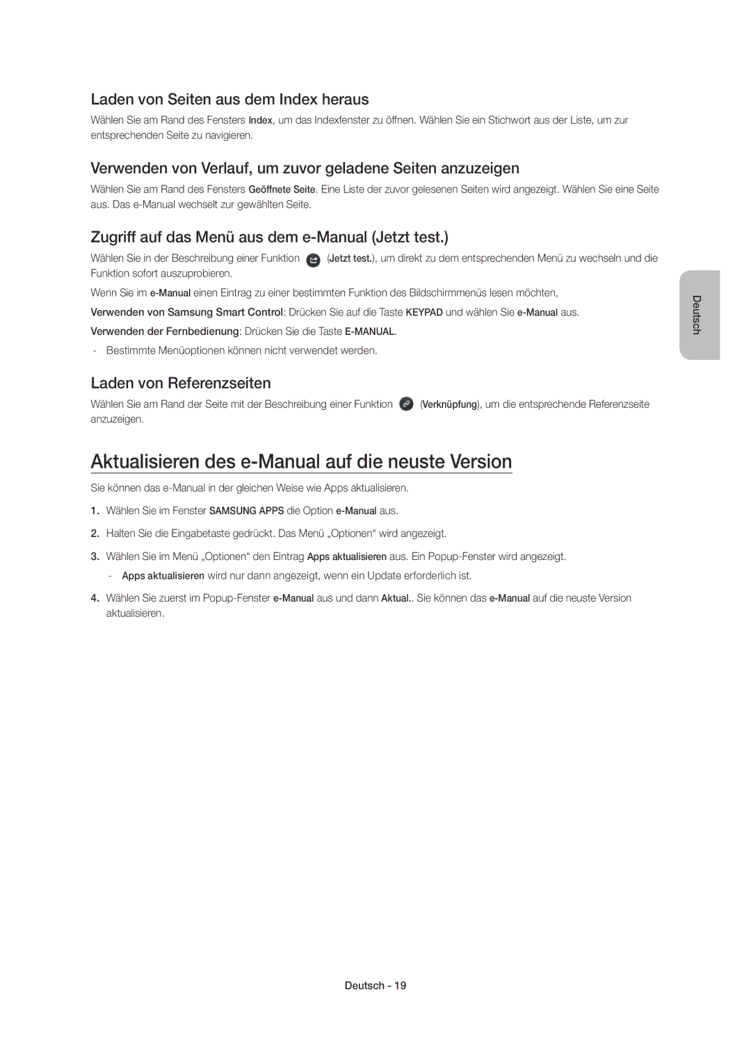 Samsung UE55HU7200SXZF manual Aktualisieren des e-Manual auf die neuste Version, Laden von Seiten aus dem Index heraus 