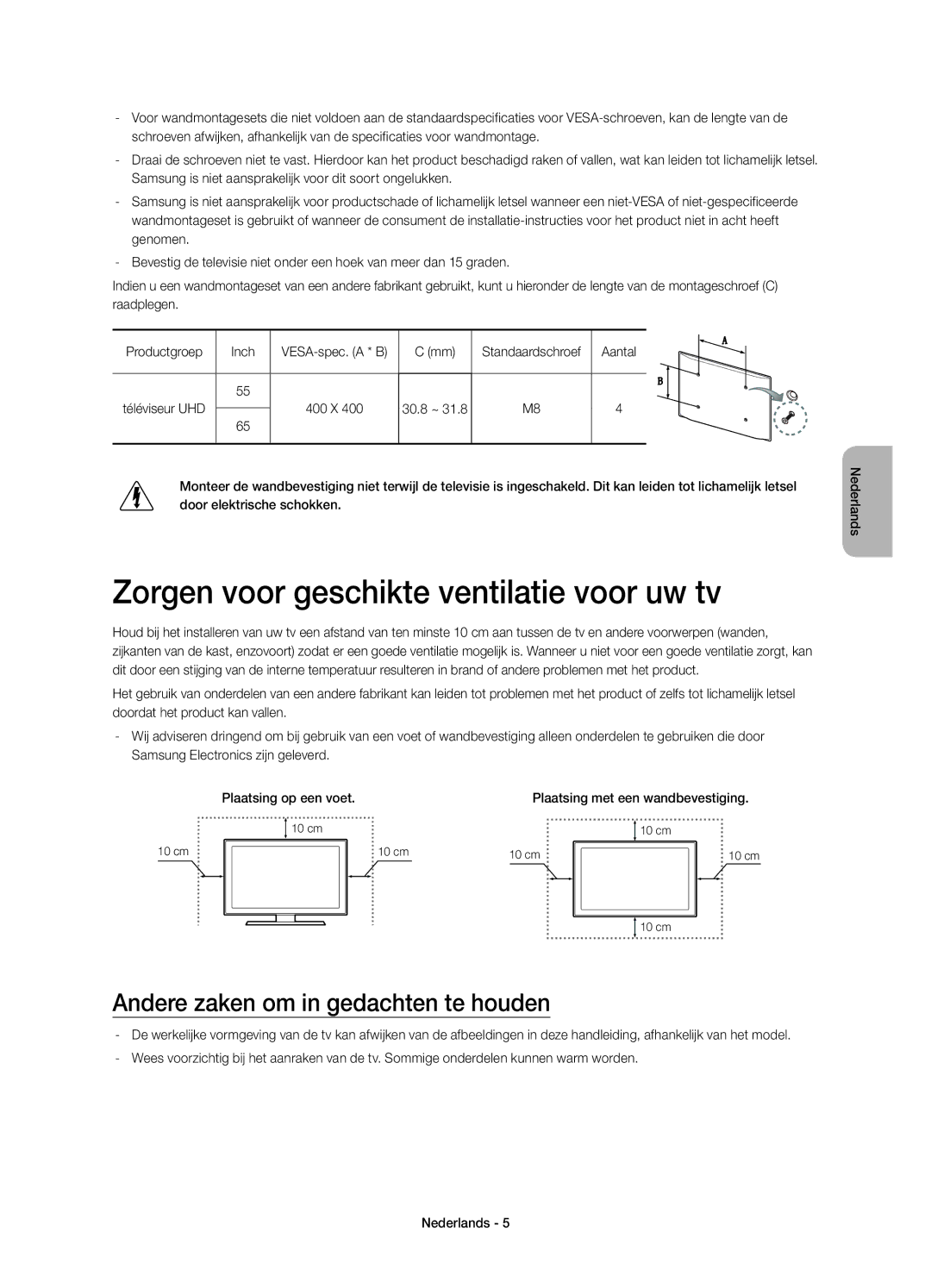 Samsung UE55HU7200SXZF manual Zorgen voor geschikte ventilatie voor uw tv, Andere zaken om in gedachten te houden, Aantal 