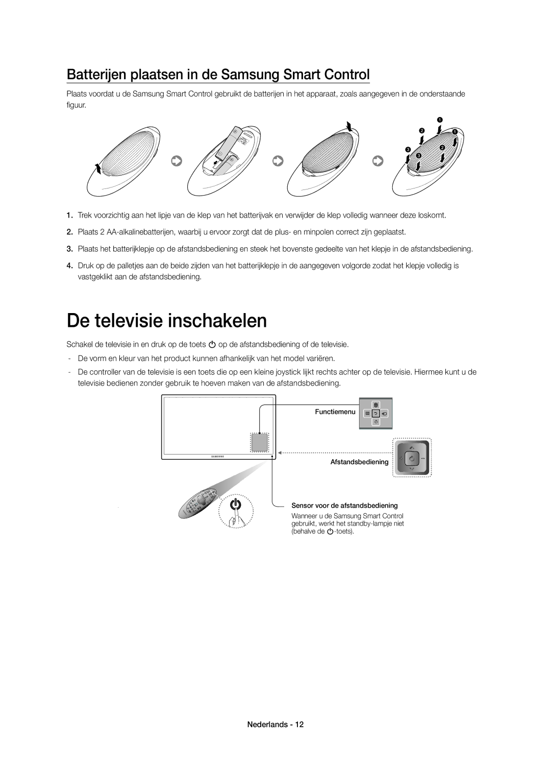 Samsung UE65HU7200SXZF, UE55HU7200SXZF manual De televisie inschakelen, Batterijen plaatsen in de Samsung Smart Control 