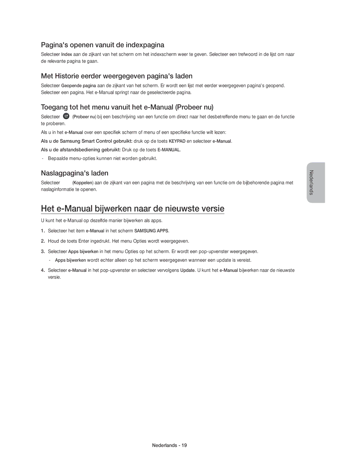 Samsung UE55HU7200SXZF manual Het e-Manual bijwerken naar de nieuwste versie, Paginas openen vanuit de indexpagina 