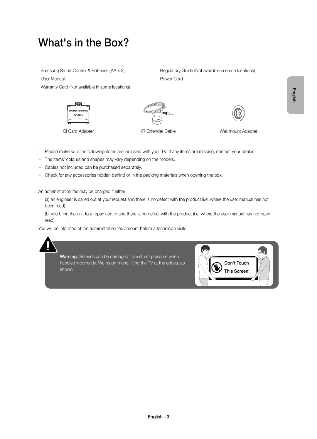 Samsung UE55HU7200UXMS, UE65HU7200UXRU manual Whats in the Box?, Samsung Smart Control & Batteries AA x, Power Cord 