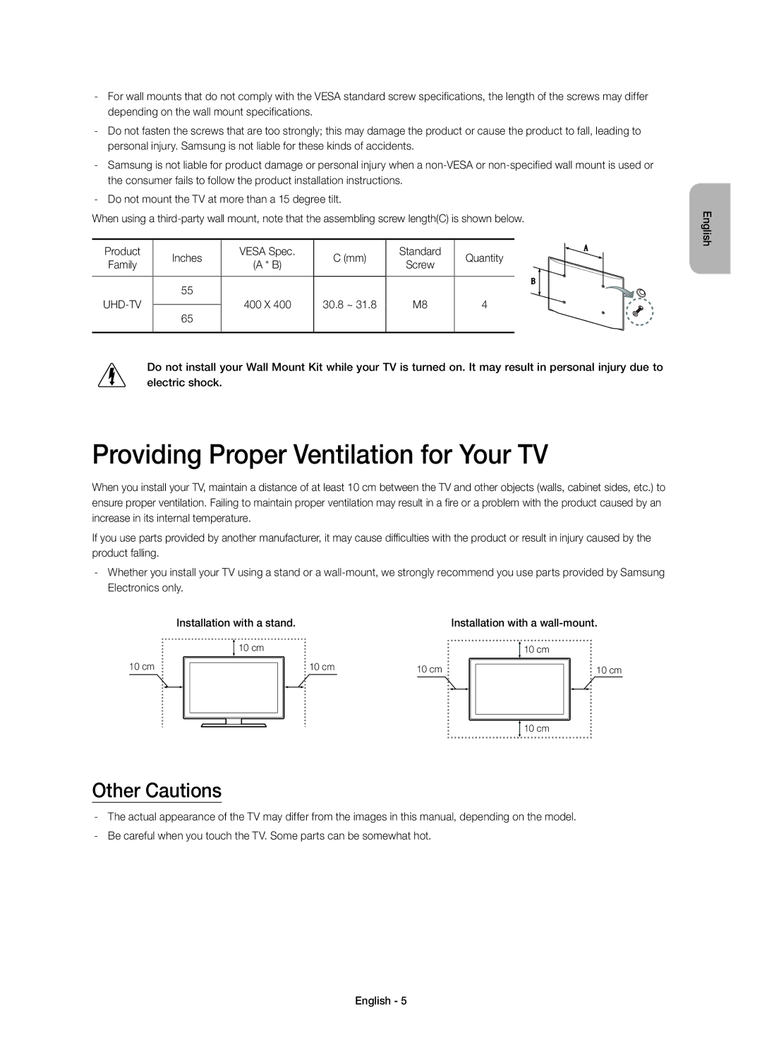 Samsung UE65HU7200UXRU, UE65HU7200UXUZ, UE55HU7200UXUZ manual Providing Proper Ventilation for Your TV, Other Cautions 