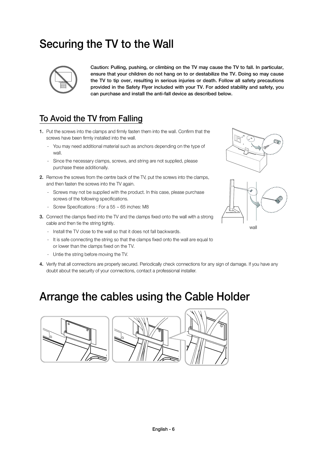 Samsung UE65HU7200UXUZ, UE65HU7200UXRU manual Securing the TV to the Wall, Arrange the cables using the Cable Holder 