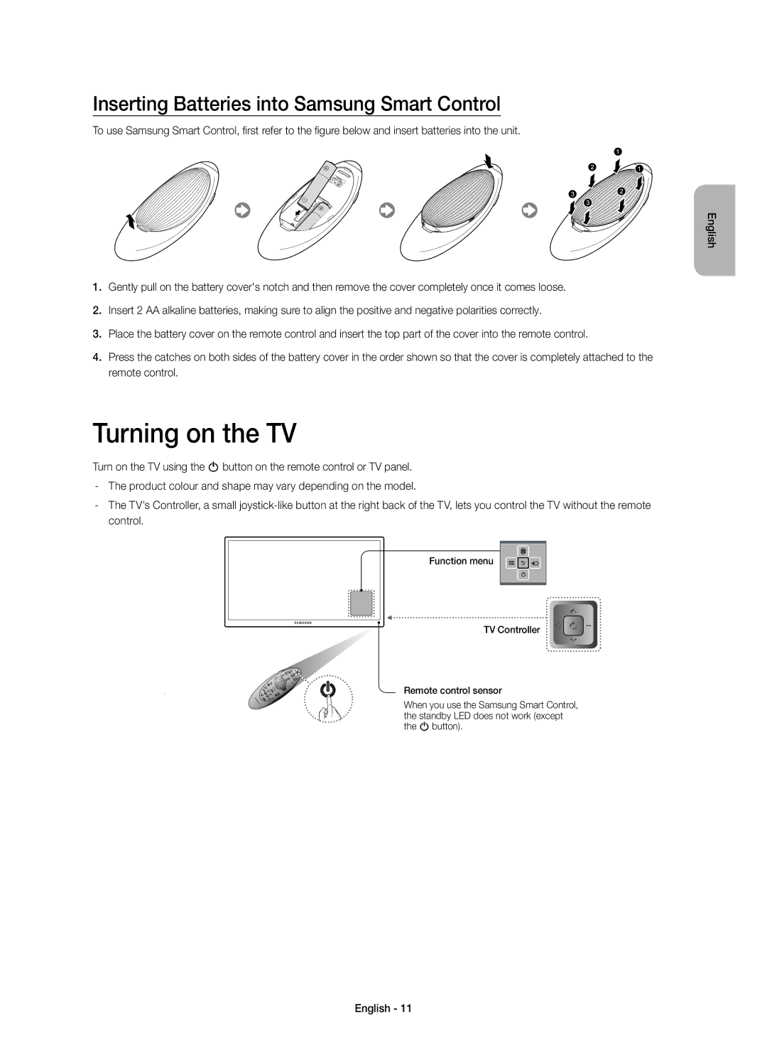 Samsung UE65HU7200UXRU, UE65HU7200UXUZ, UE55HU7200UXUZ Turning on the TV, Inserting Batteries into Samsung Smart Control 