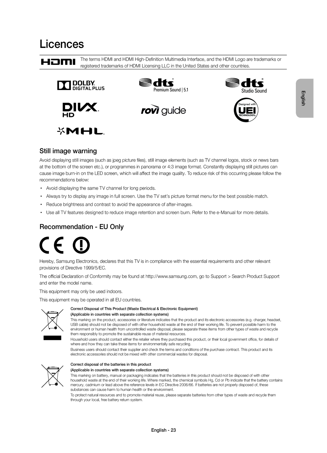 Samsung UE65HU7200UXRU, UE65HU7200UXUZ, UE55HU7200UXUZ, UE55HU7200UXRU Licences, Still image warning, Recommendation EU Only 