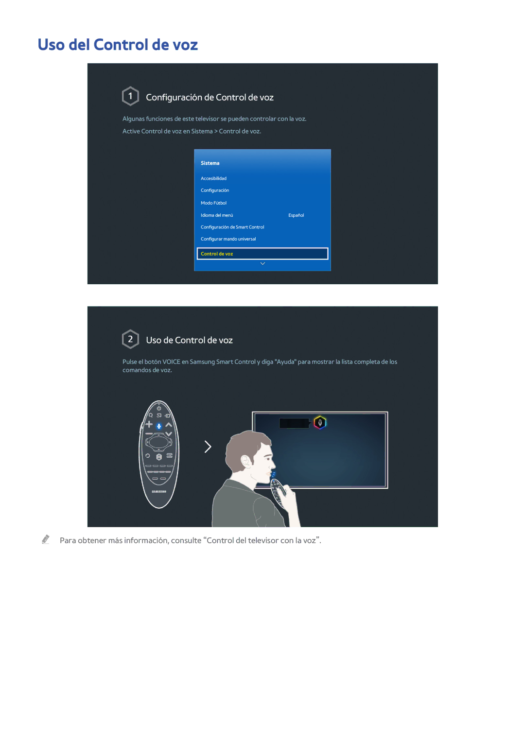 Samsung UE55HU6900SXXC, UE65HU7500LXXC, UE55HU7200SXXC manual Uso del Control de voz, Configuración de Control de voz 