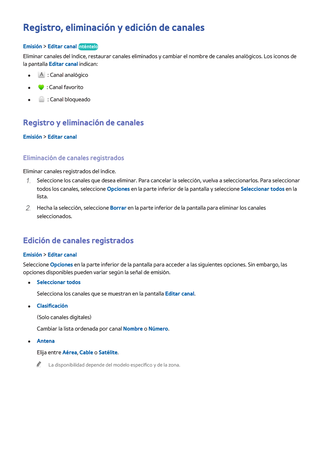 Samsung UE65HU8200LXXC, UE65HU7500LXXC manual Registro, eliminación y edición de canales, Registro y eliminación de canales 