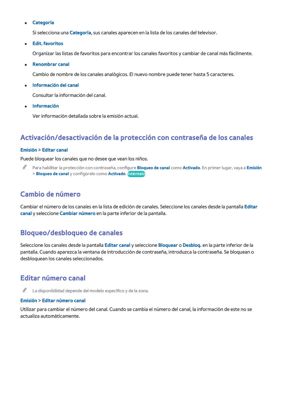 Samsung UE40HU6900SXXC, UE65HU7500LXXC, UE55HU7200SXXC Cambio de número, Bloqueo/desbloqueo de canales, Editar número canal 