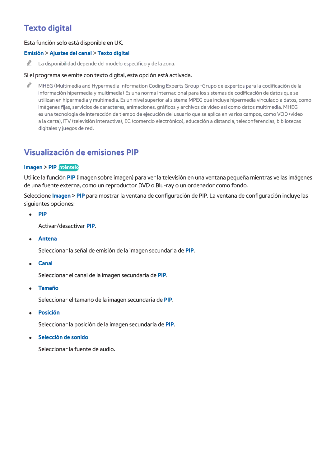 Samsung UE65HU7200SXXC, UE65HU7500LXXC, UE55HU7200SXXC, UE55HU7100SXXC manual Texto digital, Visualización de emisiones PIP 