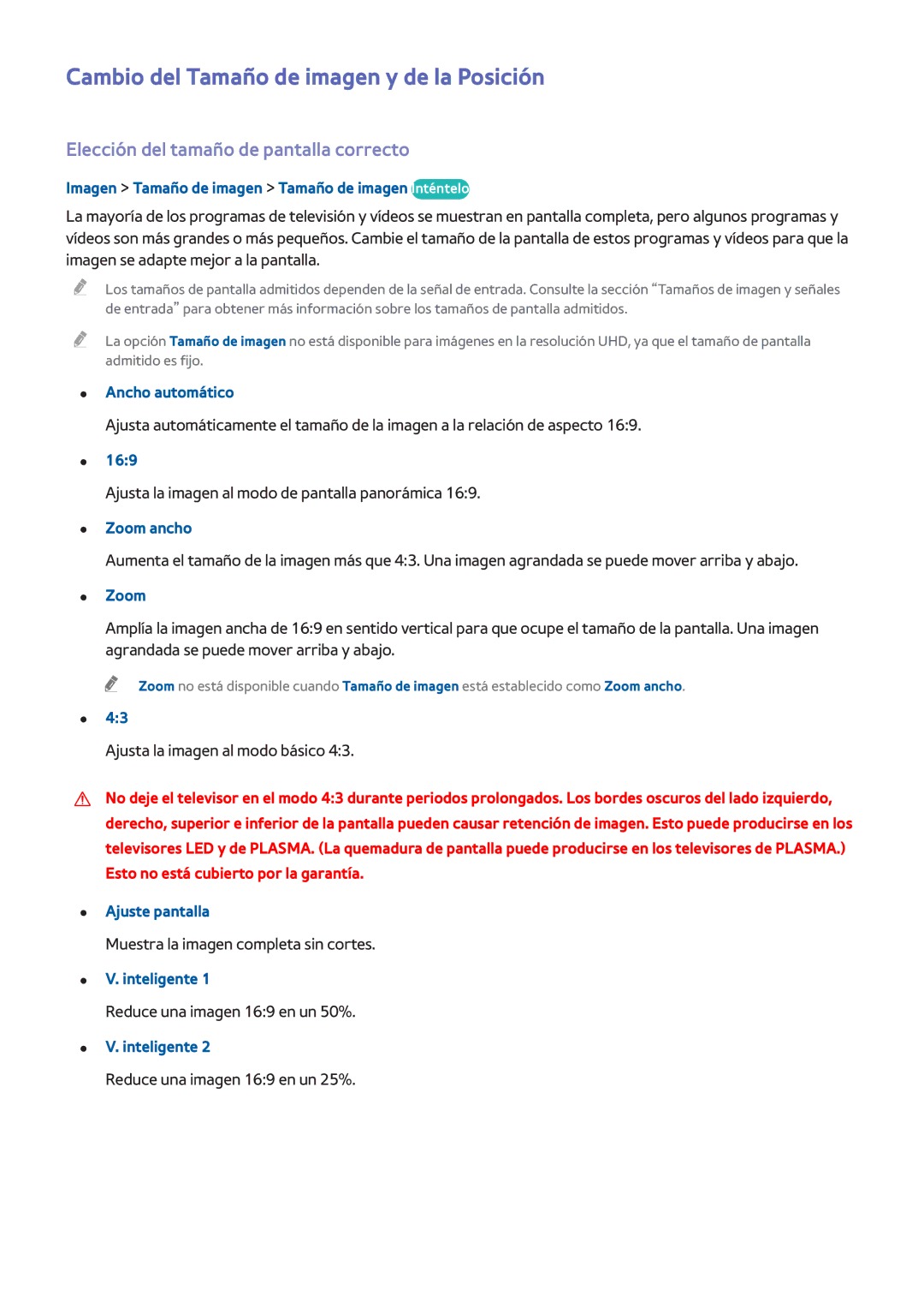 Samsung UE48HU7500LXXC manual Cambio del Tamaño de imagen y de la Posición, Elección del tamaño de pantalla correcto 