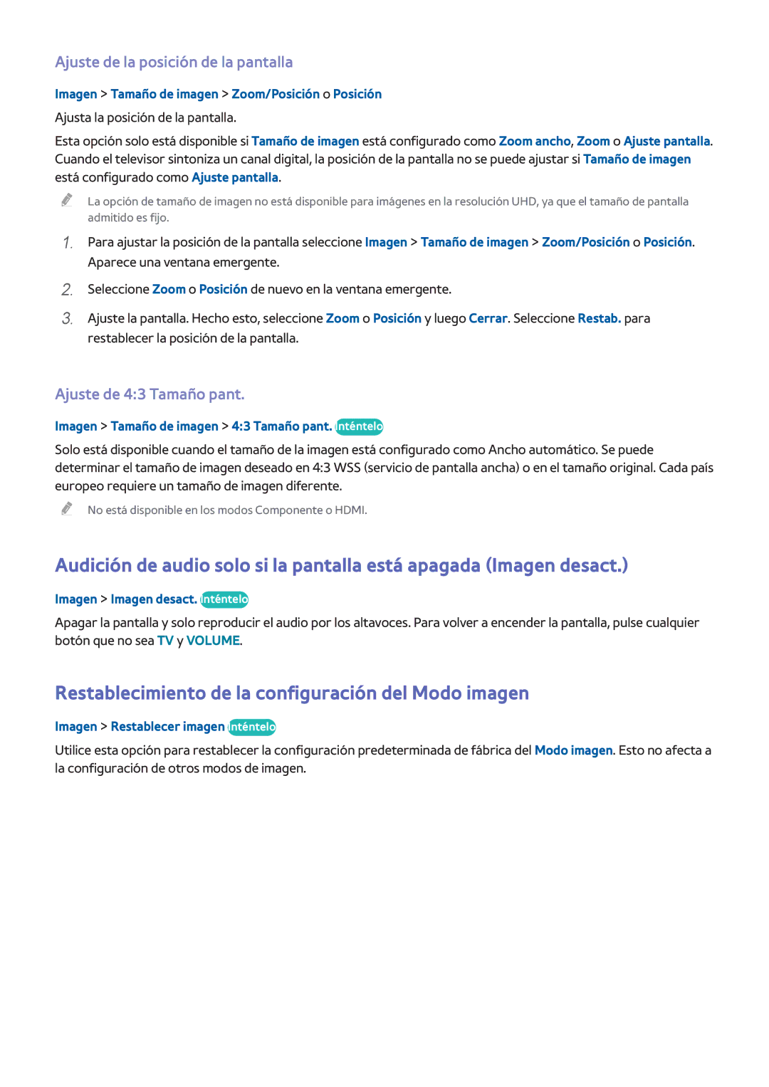 Samsung UE55HU7500LXXC manual Restablecimiento de la configuración del Modo imagen, Ajuste de la posición de la pantalla 