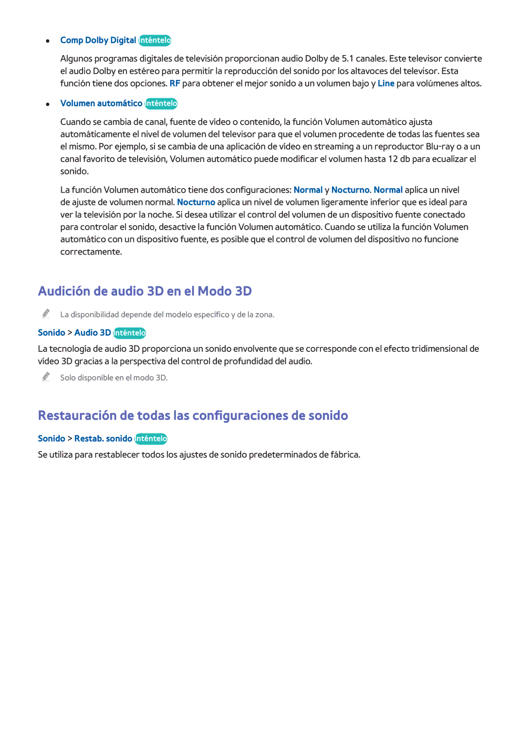 Samsung UE40HU6900SXXC manual Audición de audio 3D en el Modo 3D, Restauración de todas las configuraciones de sonido 