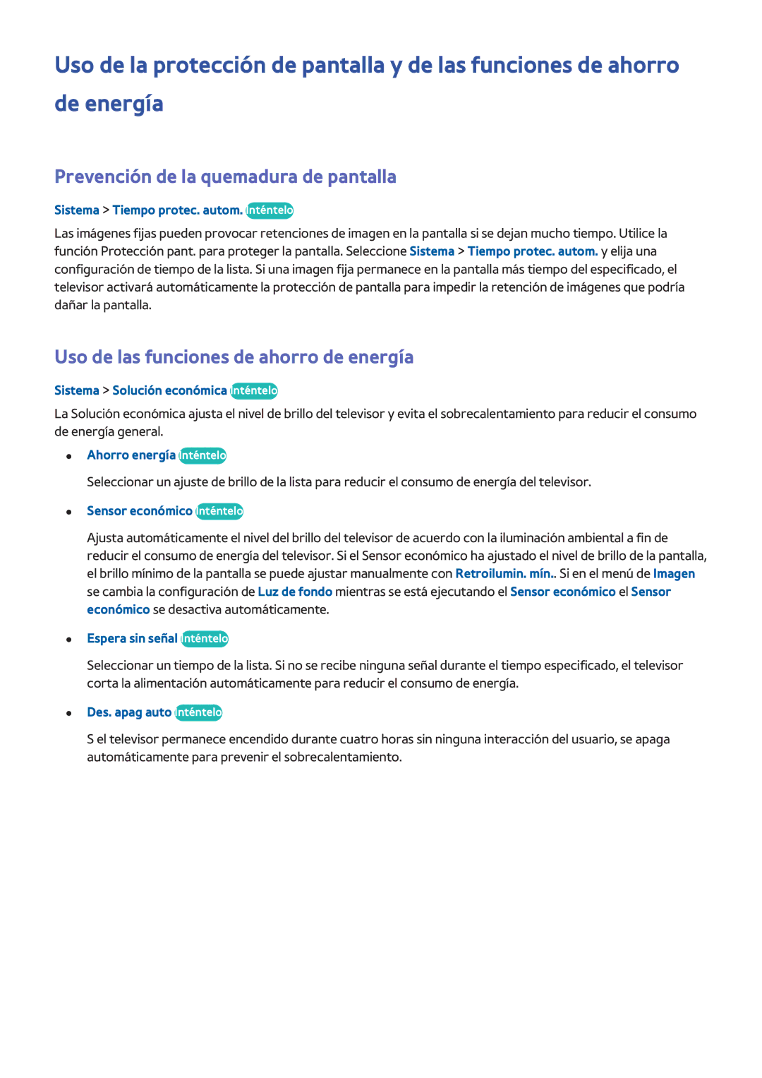 Samsung UE55HU7100SXXC, UE65HU7500LXXC Prevención de la quemadura de pantalla, Uso de las funciones de ahorro de energía 