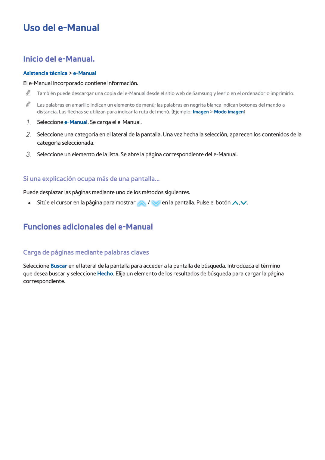 Samsung UE65HU7100SXXC, UE65HU7500LXXC manual Uso del e-Manual, Inicio del e-Manual, Funciones adicionales del e-Manual 