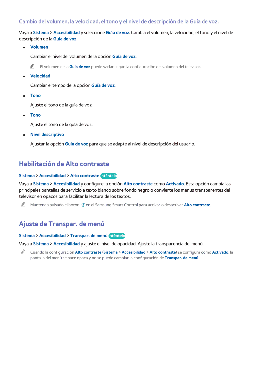 Samsung UE50HU6900SXXC, UE65HU7500LXXC, UE55HU7200SXXC manual Habilitación de Alto contraste, Ajuste de Transpar. de menú 