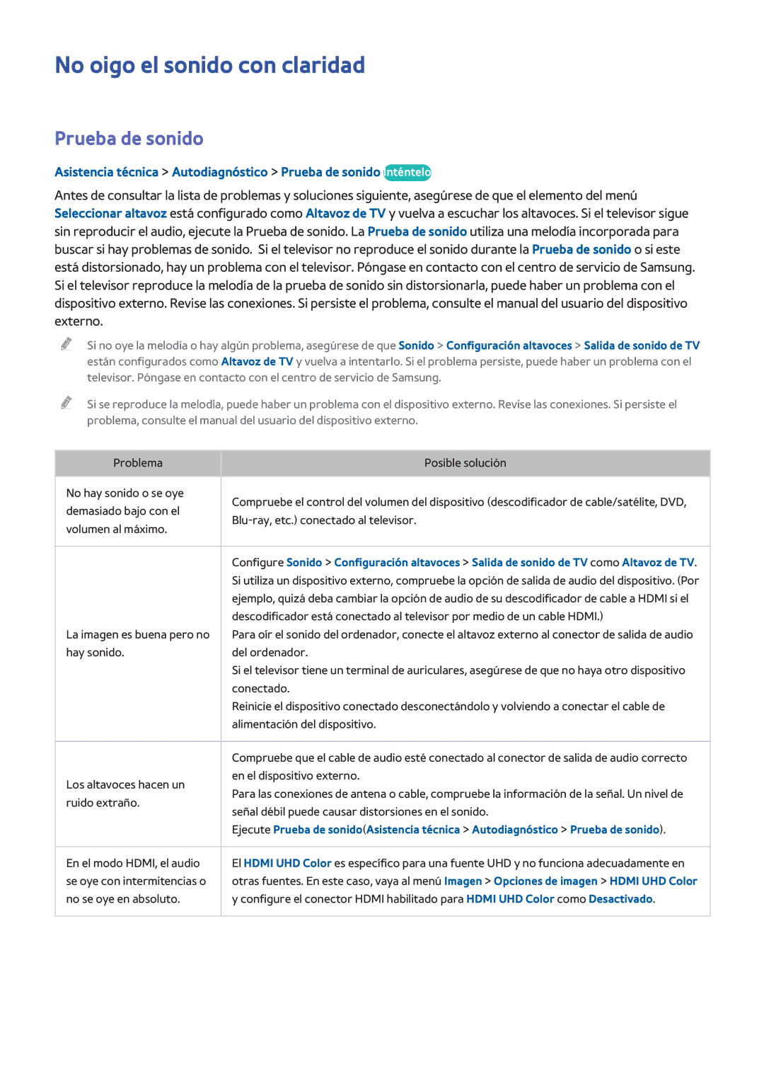 Samsung UE75HU7500LXXC, UE65HU7500LXXC, UE55HU7200SXXC, UE55HU7100SXXC manual No oigo el sonido con claridad, Prueba de sonido 
