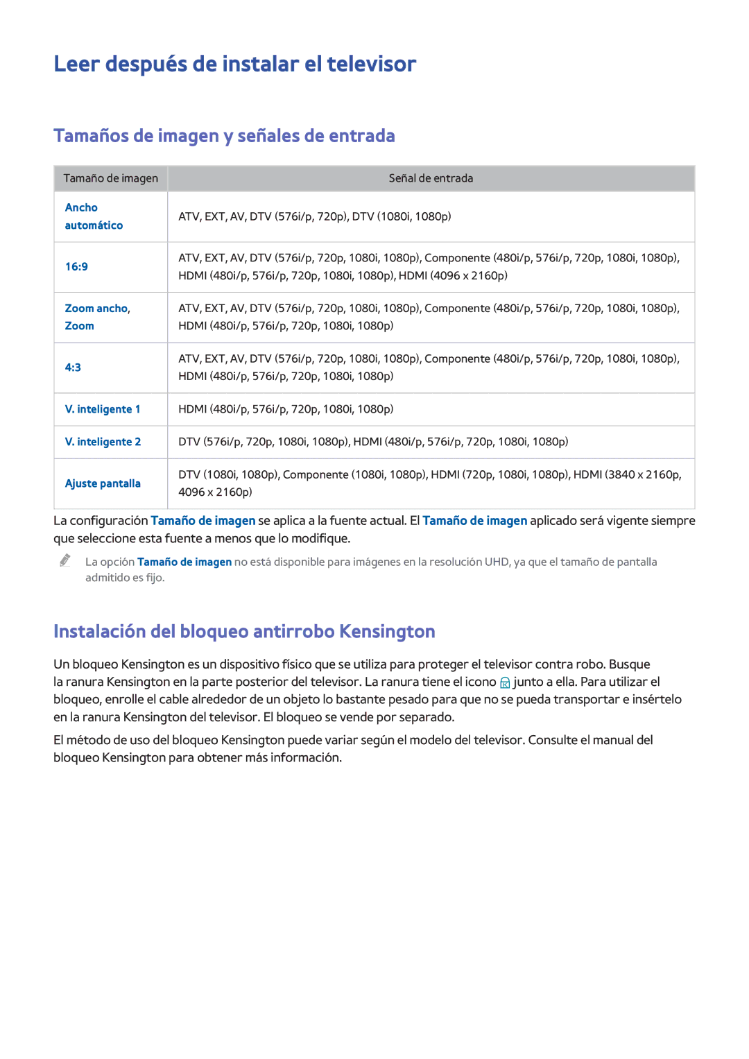 Samsung UE55HU6900SXXC, UE65HU7500LXXC manual Leer después de instalar el televisor, Tamaños de imagen y señales de entrada 