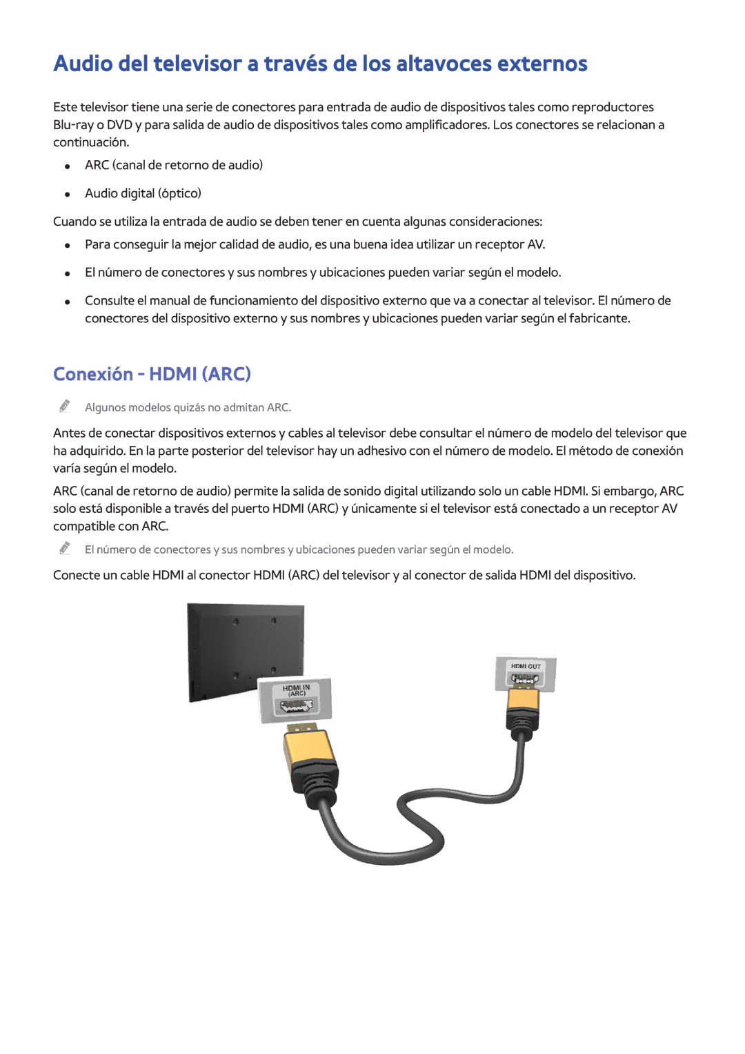 Samsung UE65HU7200SXXC, UE65HU7500LXXC manual Audio del televisor a través de los altavoces externos, Conexión Hdmi ARC 