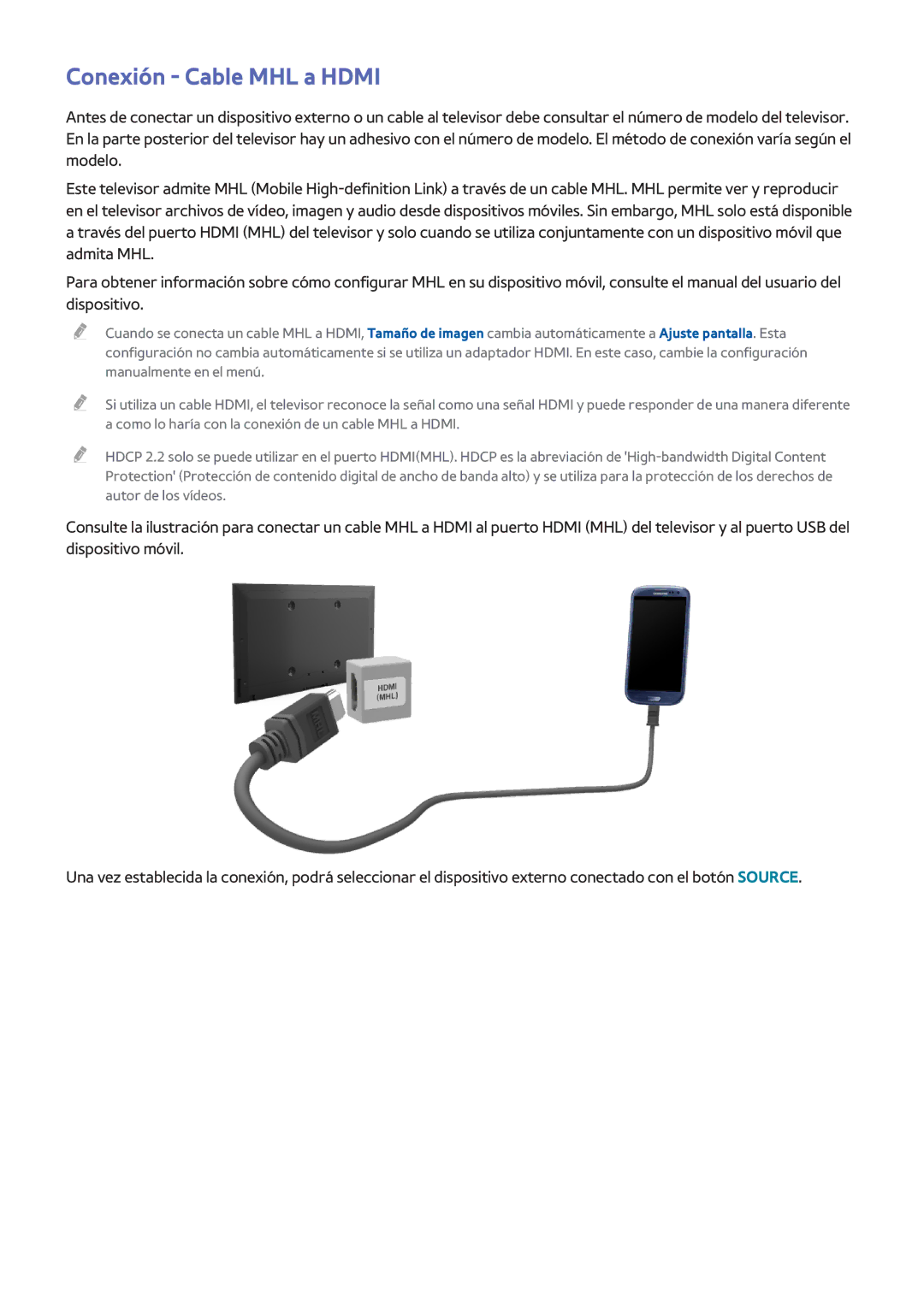 Samsung UE55HU8200LXXC, UE65HU7500LXXC, UE55HU7200SXXC, UE55HU7100SXXC, UE65HU7500LXZF manual Conexión Cable MHL a Hdmi 