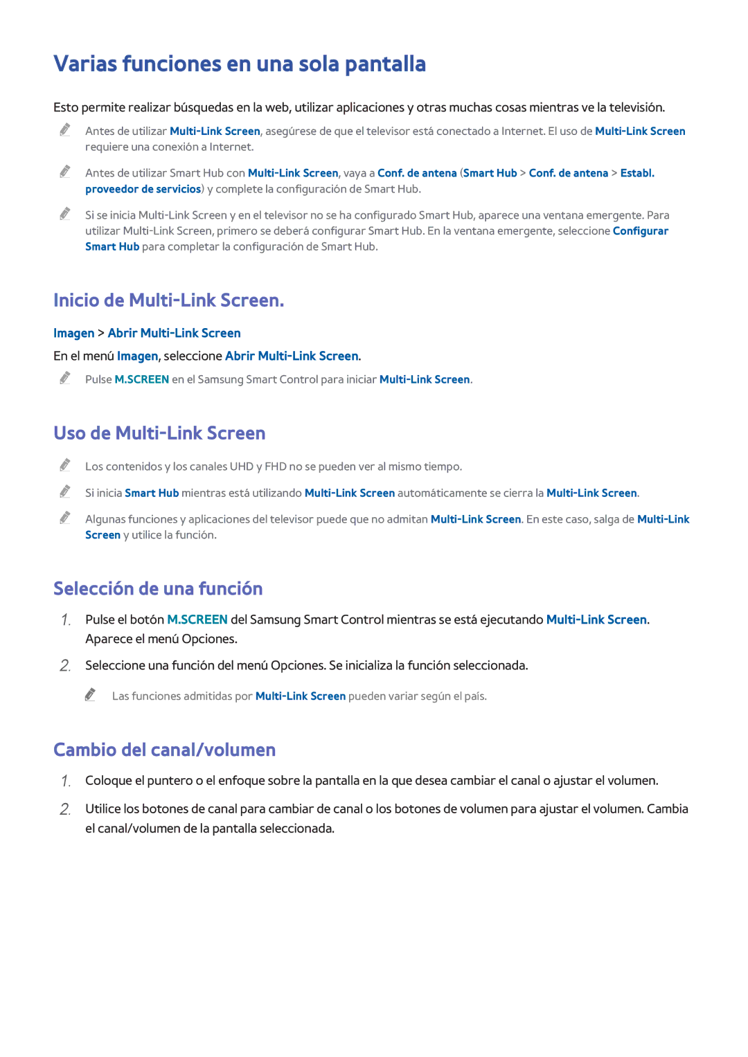 Samsung UE65HU8200LXXC manual Varias funciones en una sola pantalla, Inicio de Multi-Link Screen, Uso de Multi-Link Screen 