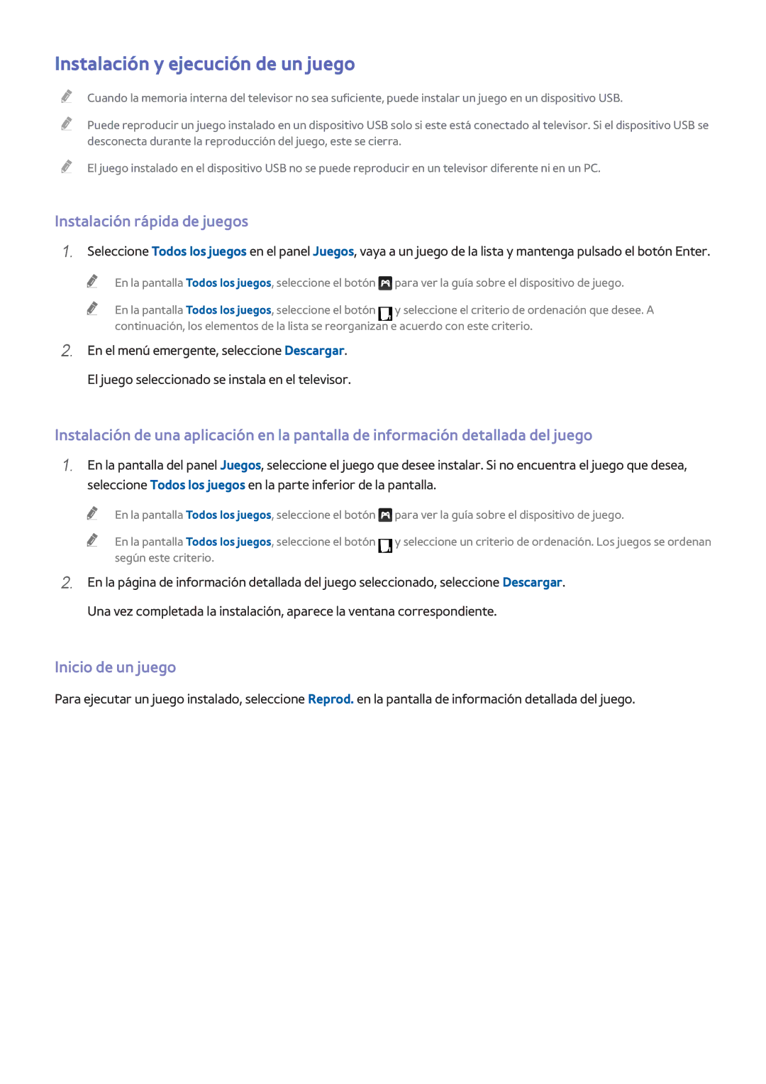 Samsung UE48HU7500LXXC manual Instalación y ejecución de un juego, Instalación rápida de juegos, Inicio de un juego 